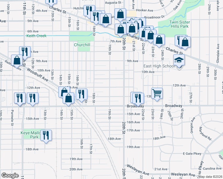 map of restaurants, bars, coffee shops, grocery stores, and more near 1212 19th Street in Rockford