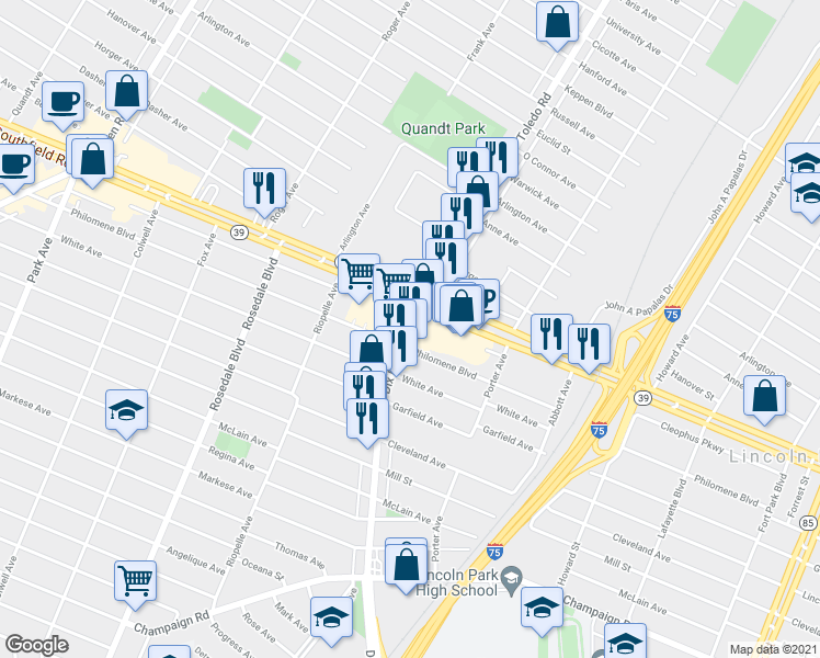 map of restaurants, bars, coffee shops, grocery stores, and more near 2060 Dix Highway in Lincoln Park