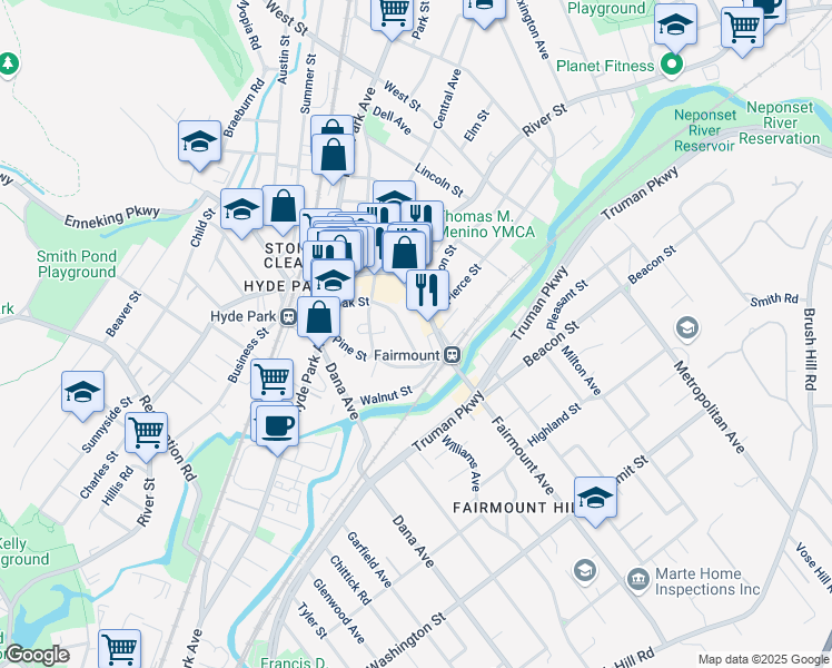 map of restaurants, bars, coffee shops, grocery stores, and more near 48 Oak Street in Boston