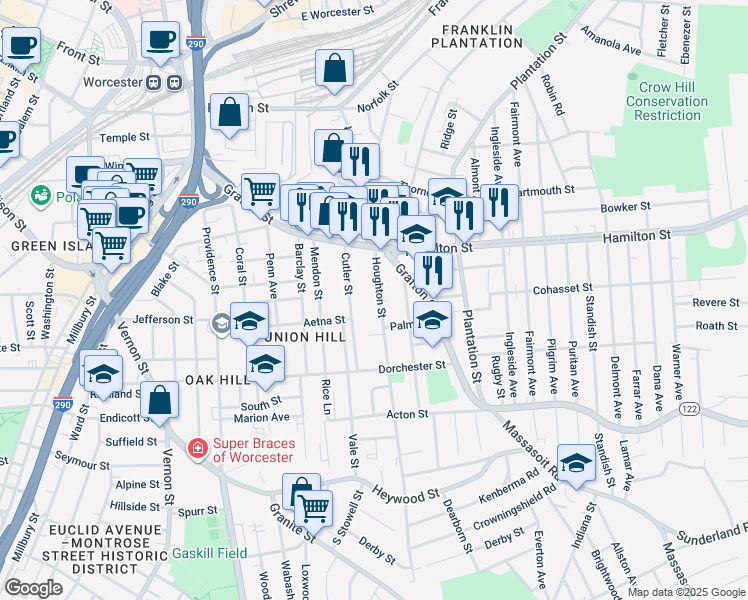 map of restaurants, bars, coffee shops, grocery stores, and more near 17 Houghton Street in Worcester