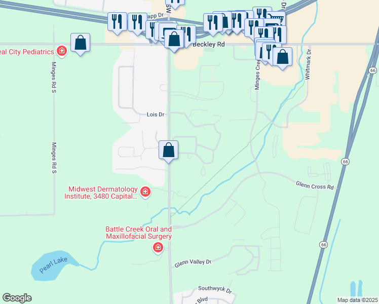 map of restaurants, bars, coffee shops, grocery stores, and more near 10 Rambling Road in Battle Creek
