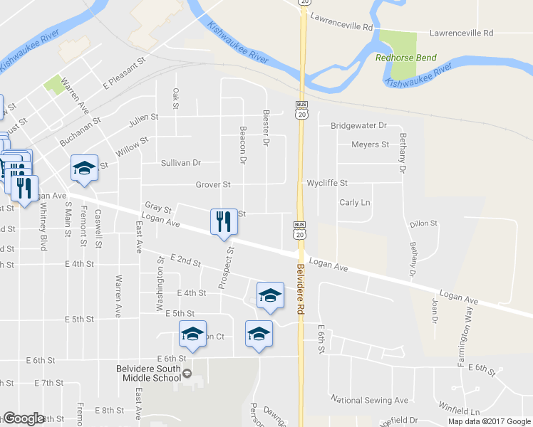 map of restaurants, bars, coffee shops, grocery stores, and more near 1303 Nettie Street in Belvidere