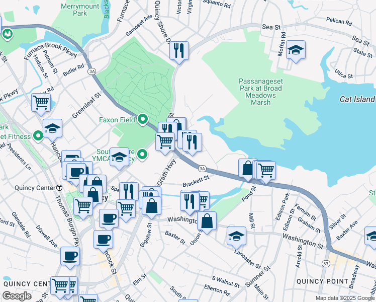 map of restaurants, bars, coffee shops, grocery stores, and more near 17-25 Broad Street in Quincy
