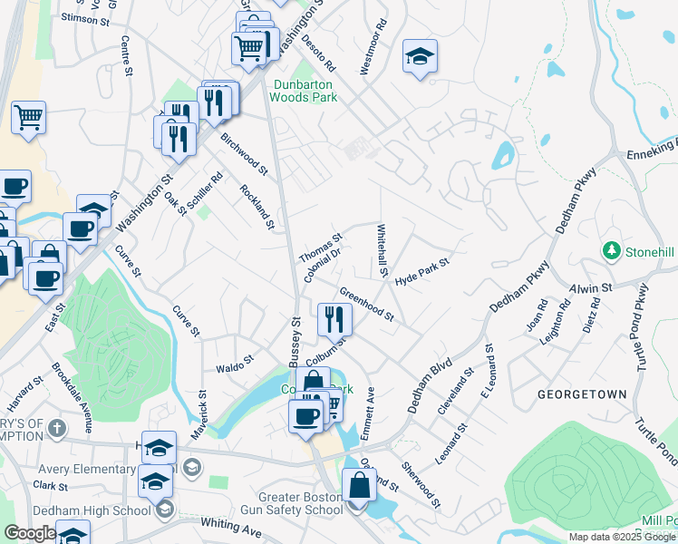 map of restaurants, bars, coffee shops, grocery stores, and more near 70 Thomas Street in Dedham
