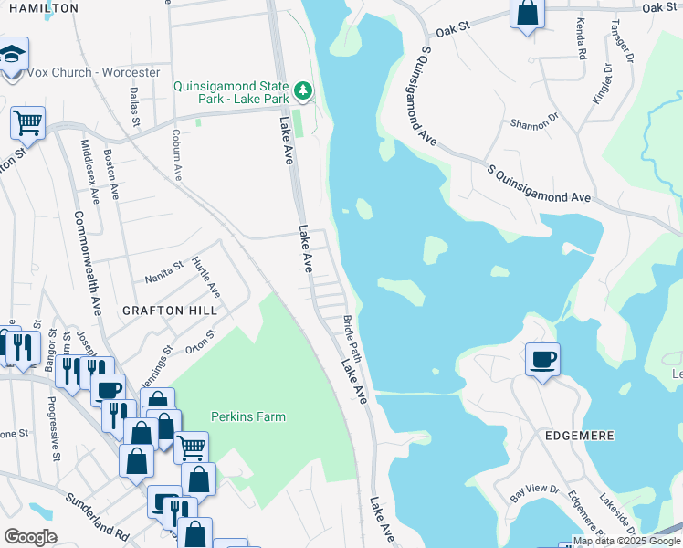 map of restaurants, bars, coffee shops, grocery stores, and more near 317 Bridle Path in Worcester