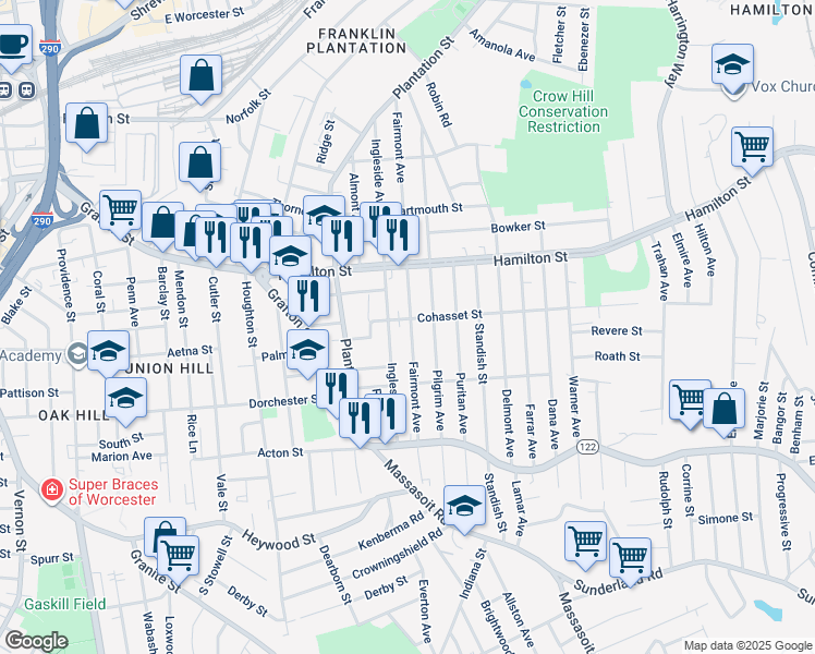 map of restaurants, bars, coffee shops, grocery stores, and more near 146 Fairmont Avenue in Worcester