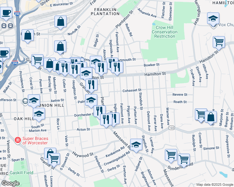 map of restaurants, bars, coffee shops, grocery stores, and more near 146 Fairmont Avenue in Worcester