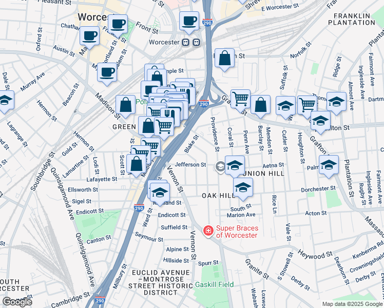 map of restaurants, bars, coffee shops, grocery stores, and more near 29 Columbia Street in Worcester