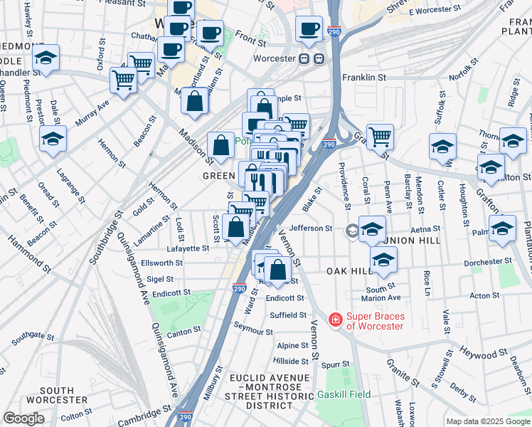 map of restaurants, bars, coffee shops, grocery stores, and more near 1 Kelley Square in Worcester