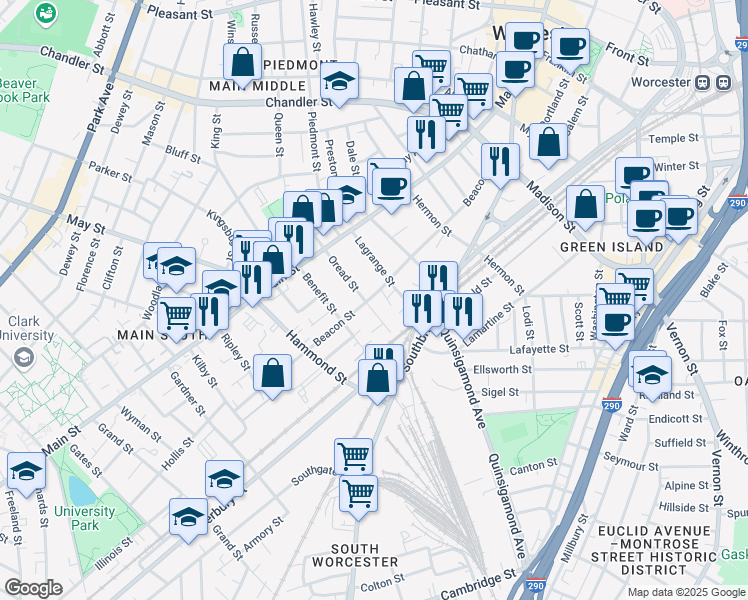 map of restaurants, bars, coffee shops, grocery stores, and more near 22 Lagrange Street in Worcester