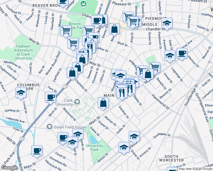 map of restaurants, bars, coffee shops, grocery stores, and more near 48 Hollywood Street in Worcester