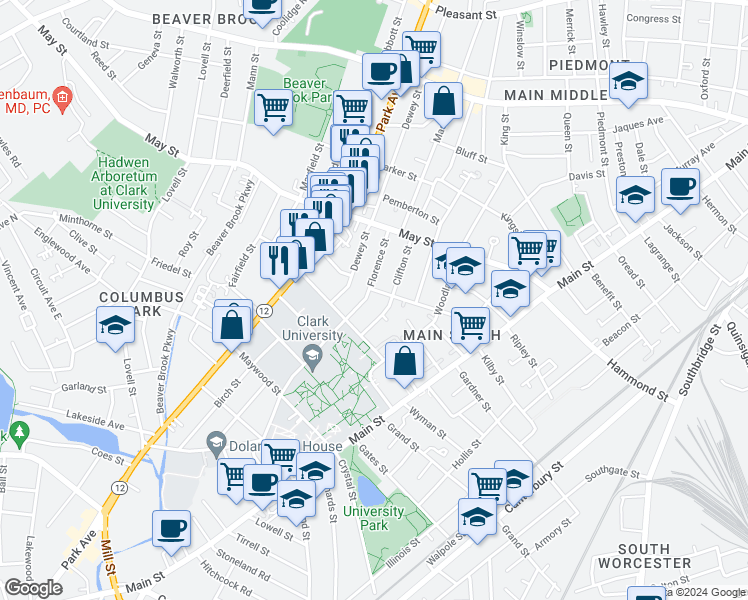 map of restaurants, bars, coffee shops, grocery stores, and more near 21 Florence Street in Worcester