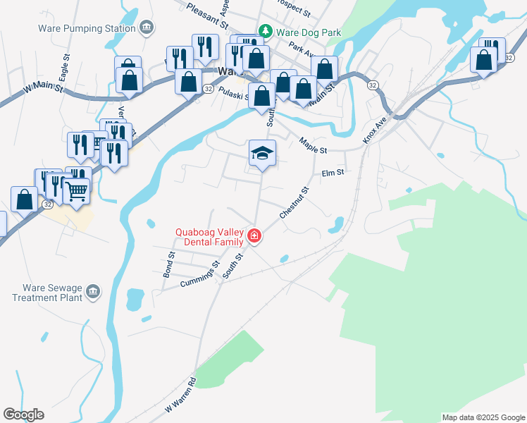 map of restaurants, bars, coffee shops, grocery stores, and more near 66 South Street in Ware
