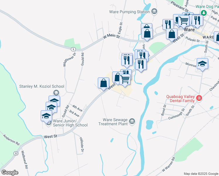 map of restaurants, bars, coffee shops, grocery stores, and more near 171 West St in Ware