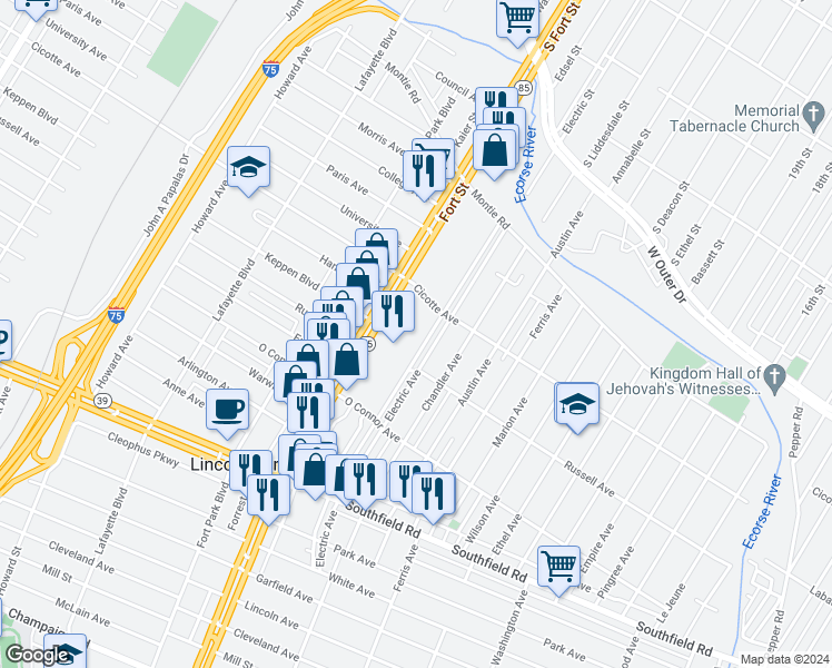 map of restaurants, bars, coffee shops, grocery stores, and more near 1369 Michigan 85 in Lincoln Park