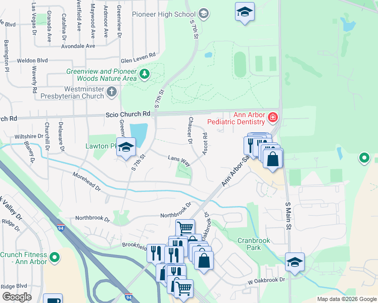 map of restaurants, bars, coffee shops, grocery stores, and more near 636 Wembley Court in Ann Arbor