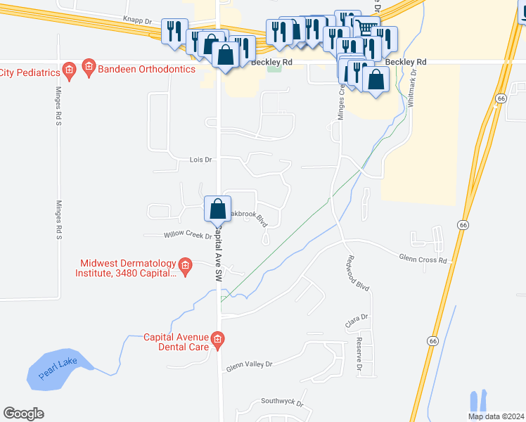 map of restaurants, bars, coffee shops, grocery stores, and more near 10 Rambling Lane in Battle Creek