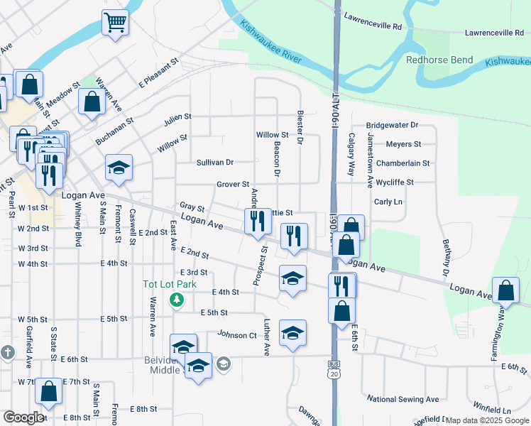 map of restaurants, bars, coffee shops, grocery stores, and more near 411 Andrews Drive in Belvidere