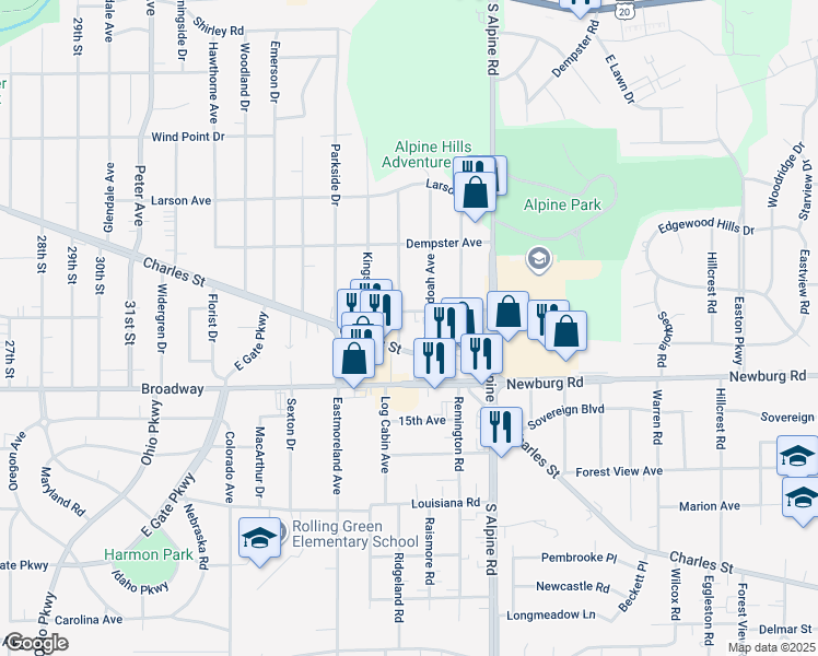 map of restaurants, bars, coffee shops, grocery stores, and more near 4104 Tonawanda Avenue in Rockford