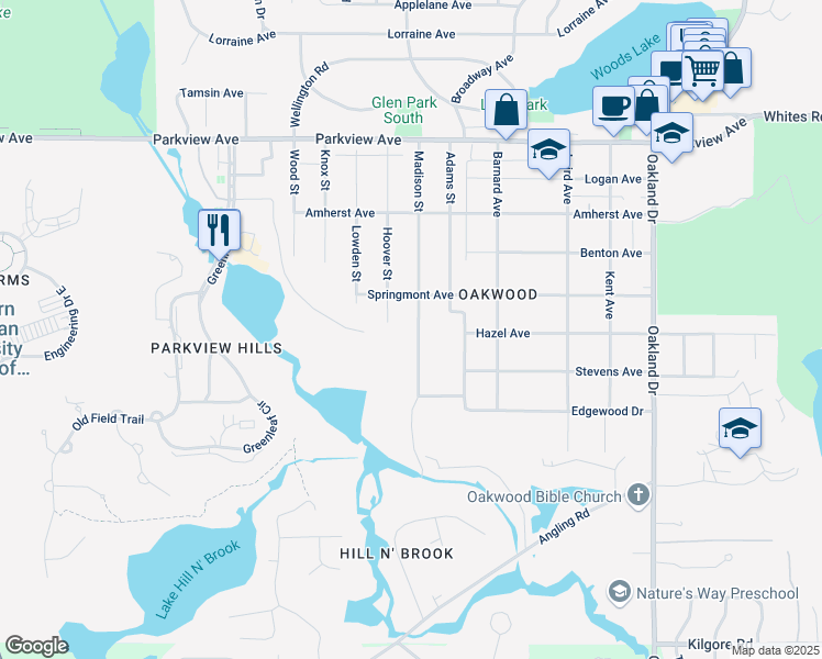 map of restaurants, bars, coffee shops, grocery stores, and more near 3715 Madison Street in Kalamazoo