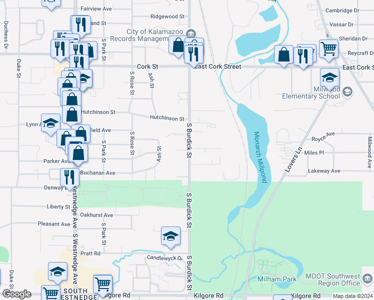 map of restaurants, bars, coffee shops, grocery stores, and more near 20 West Leona Avenue in Kalamazoo