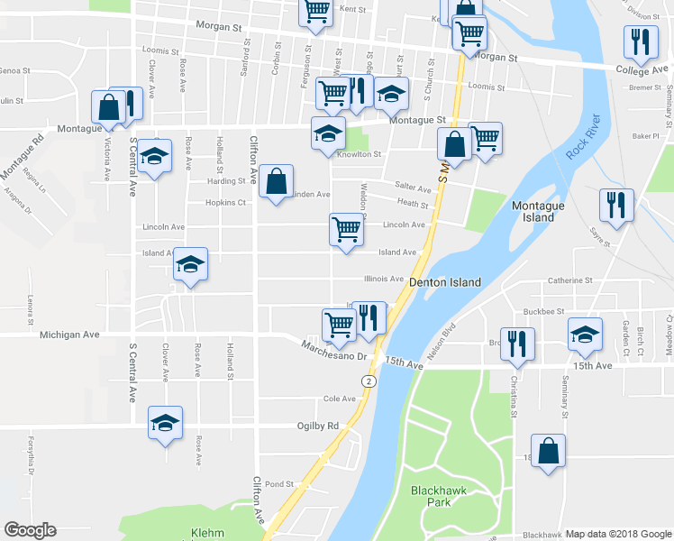 map of restaurants, bars, coffee shops, grocery stores, and more near 1712 West Street in Rockford