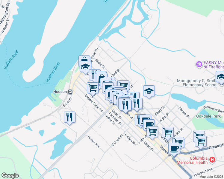 map of restaurants, bars, coffee shops, grocery stores, and more near 22 North 2nd Street in Hudson