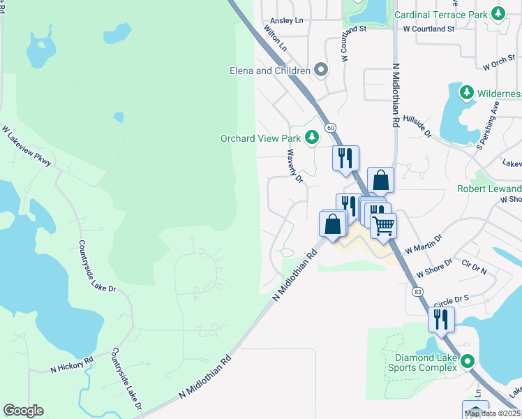 map of restaurants, bars, coffee shops, grocery stores, and more near 594 Yardley Trail in Mundelein