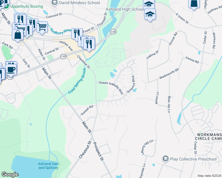 map of restaurants, bars, coffee shops, grocery stores, and more near 11 John Hancock Drive in Ashland
