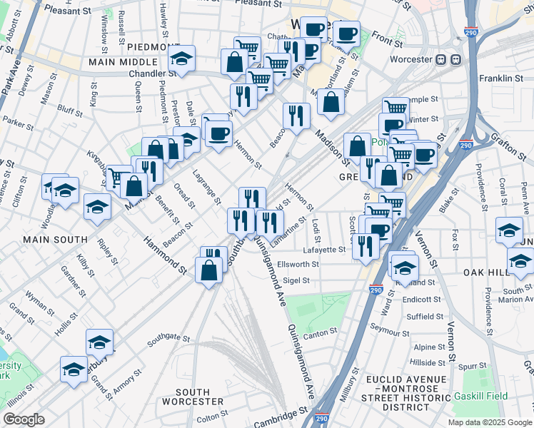 map of restaurants, bars, coffee shops, grocery stores, and more near 295 Southbridge Street in Worcester