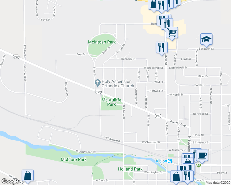 map of restaurants, bars, coffee shops, grocery stores, and more near 900 Jefferson Street in Albion