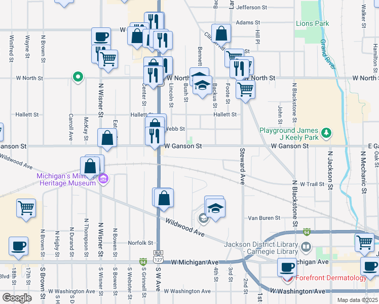 map of restaurants, bars, coffee shops, grocery stores, and more near 637 West Ganson Street in Jackson