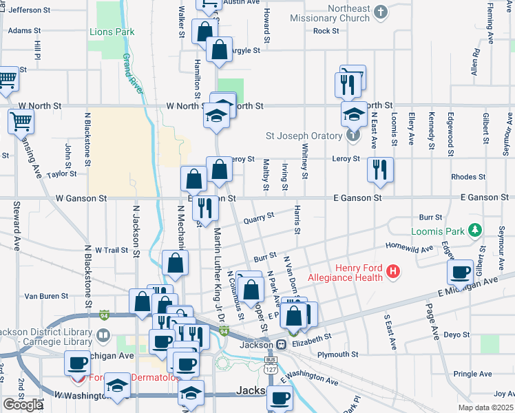 map of restaurants, bars, coffee shops, grocery stores, and more near 709 North Park Avenue in Jackson