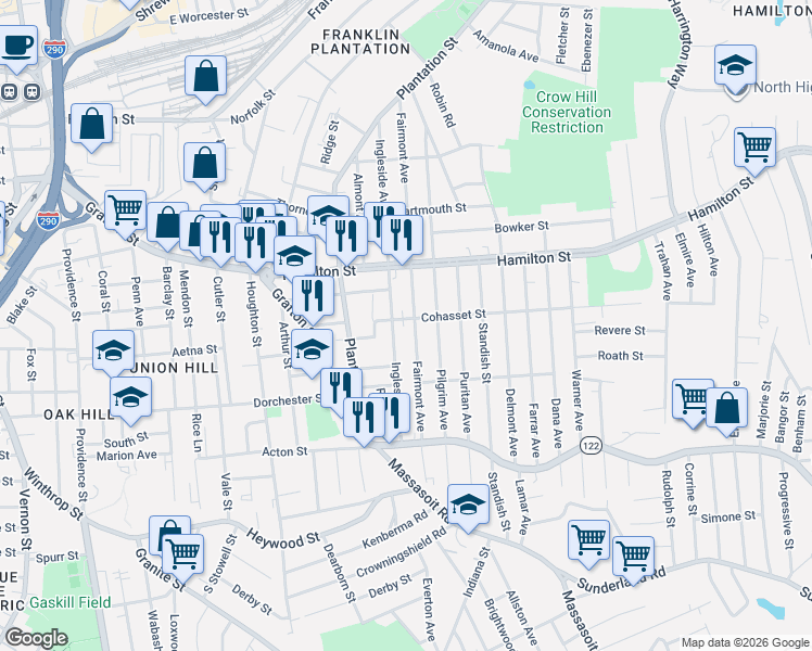 map of restaurants, bars, coffee shops, grocery stores, and more near 146 Fairmont Avenue in Worcester