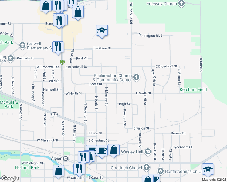 map of restaurants, bars, coffee shops, grocery stores, and more near 1014 North Berrien Street in Albion