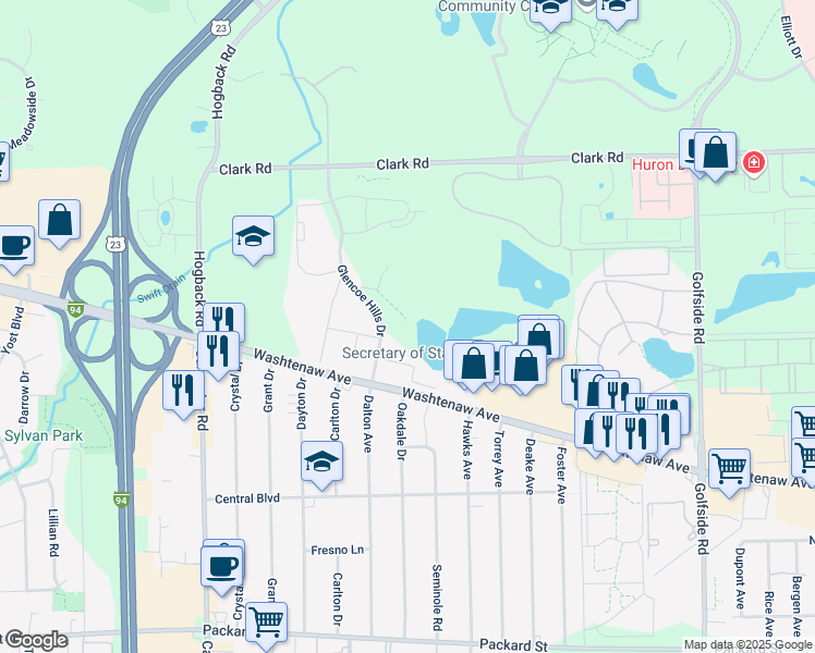 map of restaurants, bars, coffee shops, grocery stores, and more near 2201 Glencoe Hills Drive in Ann Arbor