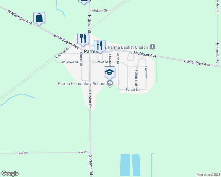 map of restaurants, bars, coffee shops, grocery stores, and more near 385 Elizabeth Street in Parma
