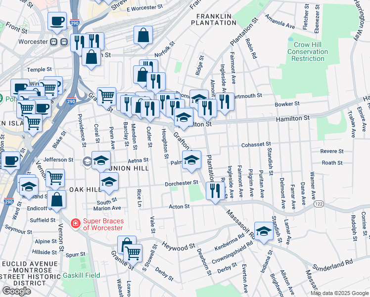 map of restaurants, bars, coffee shops, grocery stores, and more near 359 Grafton Street in Worcester