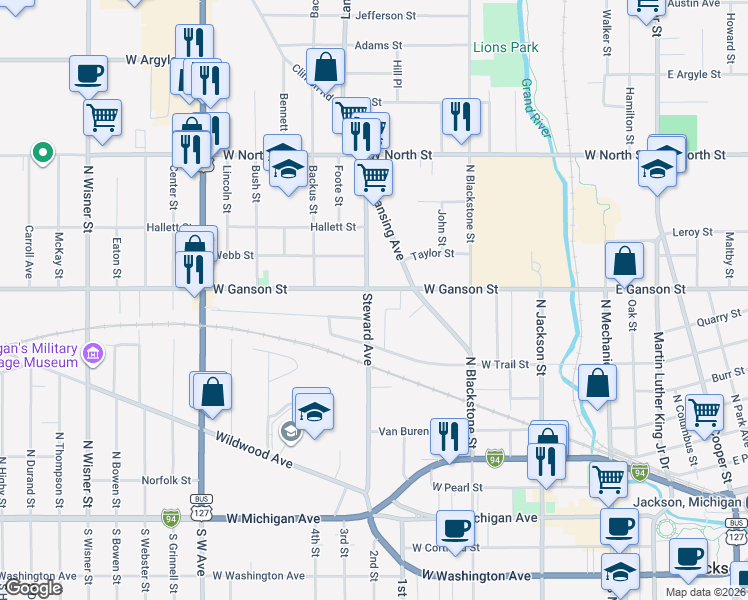 map of restaurants, bars, coffee shops, grocery stores, and more near 529 Steward Avenue in Jackson