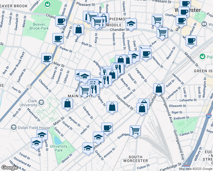 map of restaurants, bars, coffee shops, grocery stores, and more near Main St & Hammond St in Worcester
