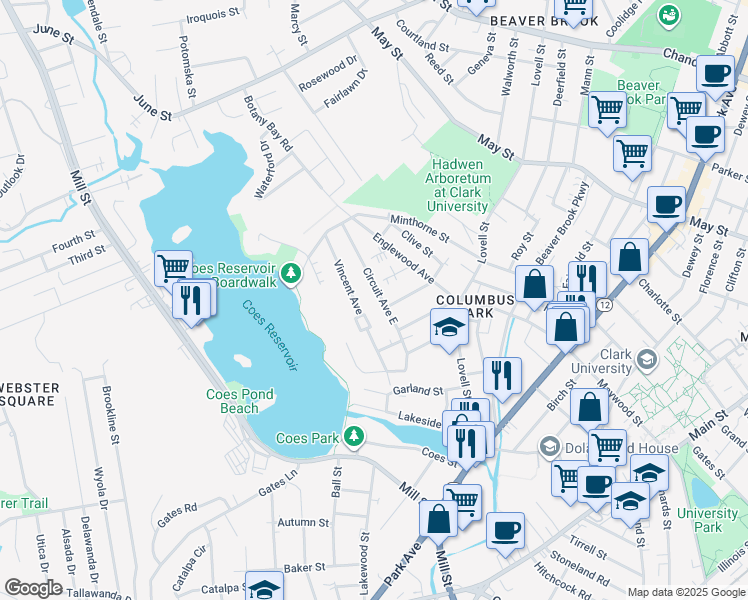 map of restaurants, bars, coffee shops, grocery stores, and more near 25 Circuit Avenue South in Worcester