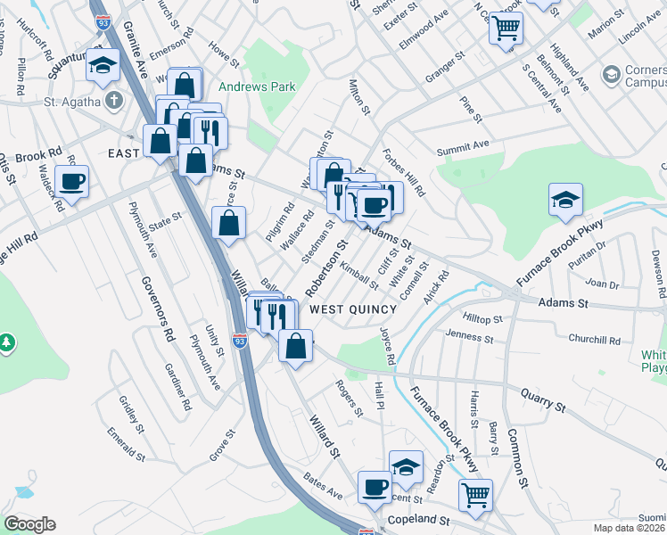 map of restaurants, bars, coffee shops, grocery stores, and more near 39 Robertson Street in Quincy