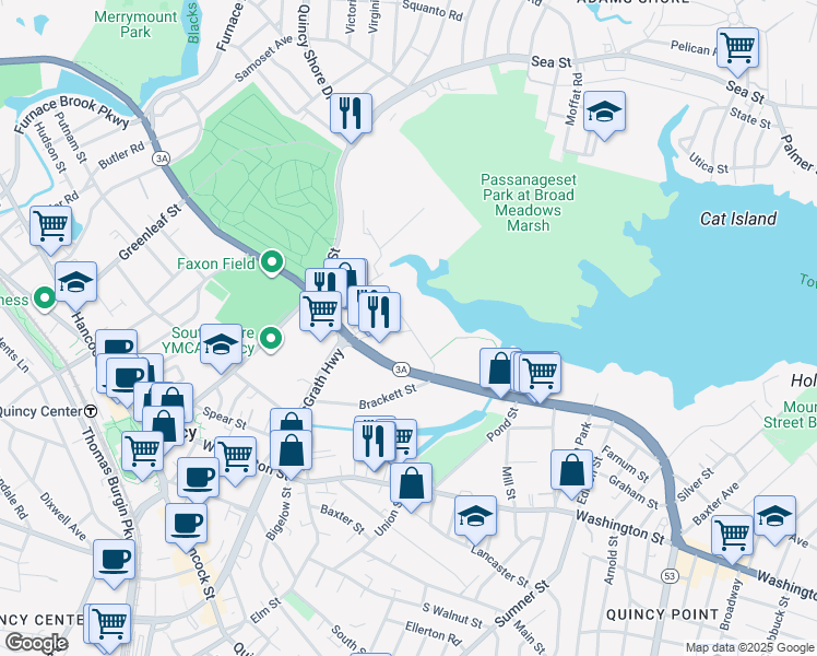 map of restaurants, bars, coffee shops, grocery stores, and more near 64 Field Street in Quincy