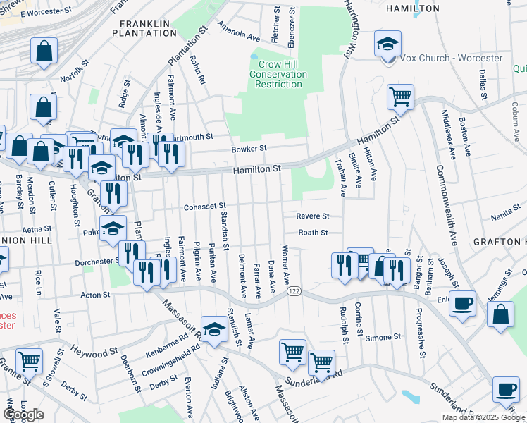 map of restaurants, bars, coffee shops, grocery stores, and more near 137 Cohasset Street in Worcester