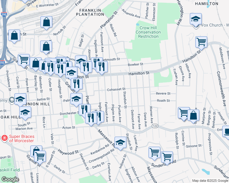 map of restaurants, bars, coffee shops, grocery stores, and more near 9 Puritan Avenue in Worcester