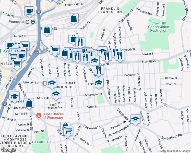 map of restaurants, bars, coffee shops, grocery stores, and more near 359 Grafton Street in Worcester