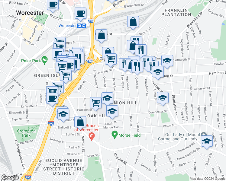 map of restaurants, bars, coffee shops, grocery stores, and more near 59 Penn Avenue in Worcester