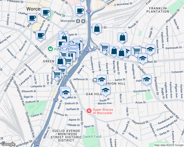 map of restaurants, bars, coffee shops, grocery stores, and more near 52 Providence Street in Worcester