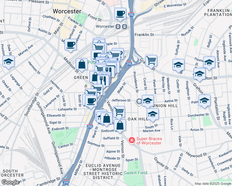 map of restaurants, bars, coffee shops, grocery stores, and more near 35 Fox Street in Worcester