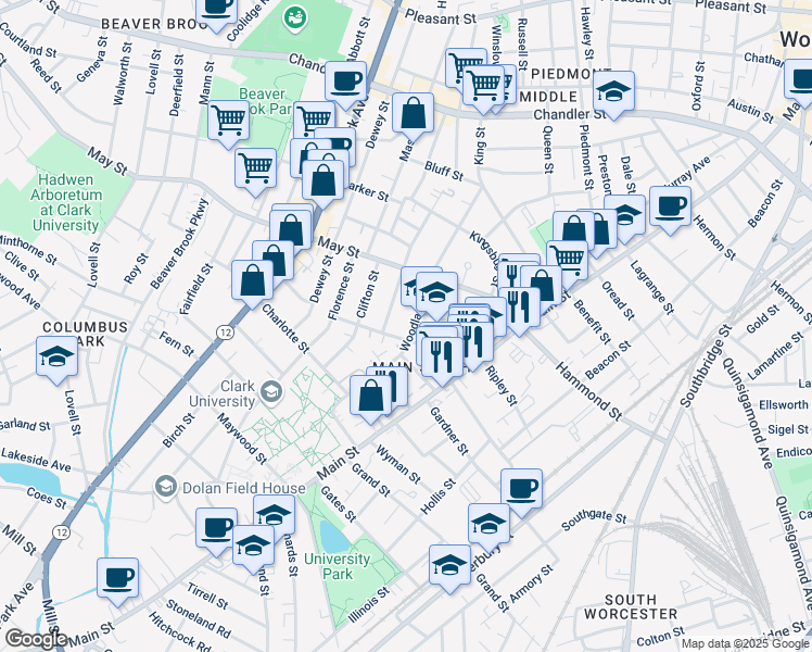 map of restaurants, bars, coffee shops, grocery stores, and more near 18 Claremont Street in Worcester